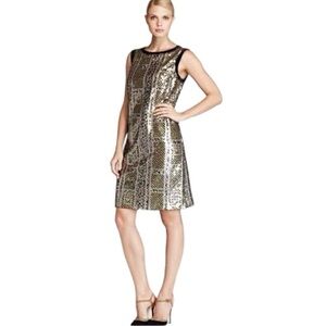 BASLER SEQUIN GEOMETRIC SLEEVELESS VELVET TRIM SHEATH PARTY COCKTAIL DRESS